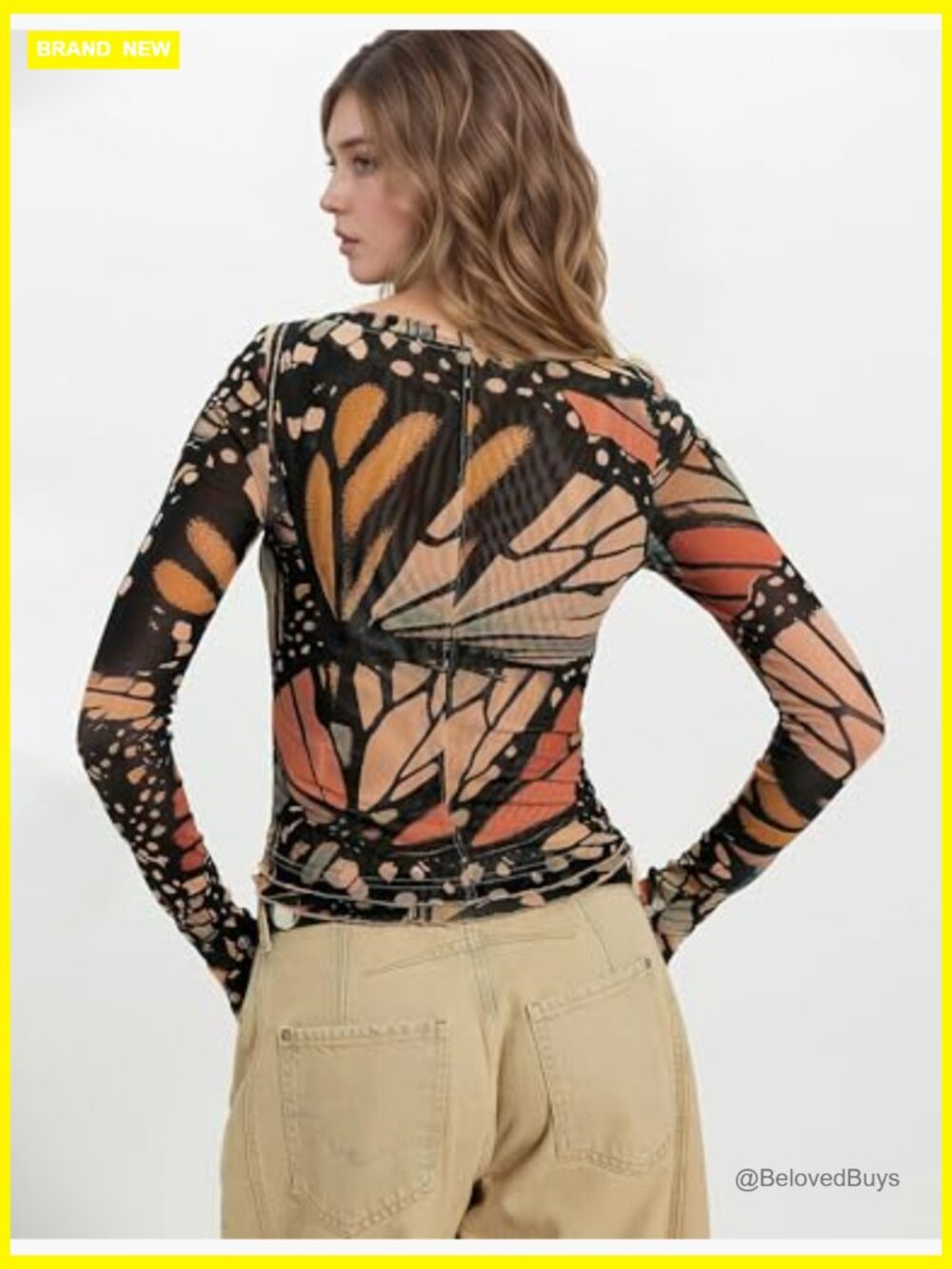 Floral Mesh Long Sleeve Crew Neck Slim Fit Tee Y2k Night Out Top - Picture 2 of 2